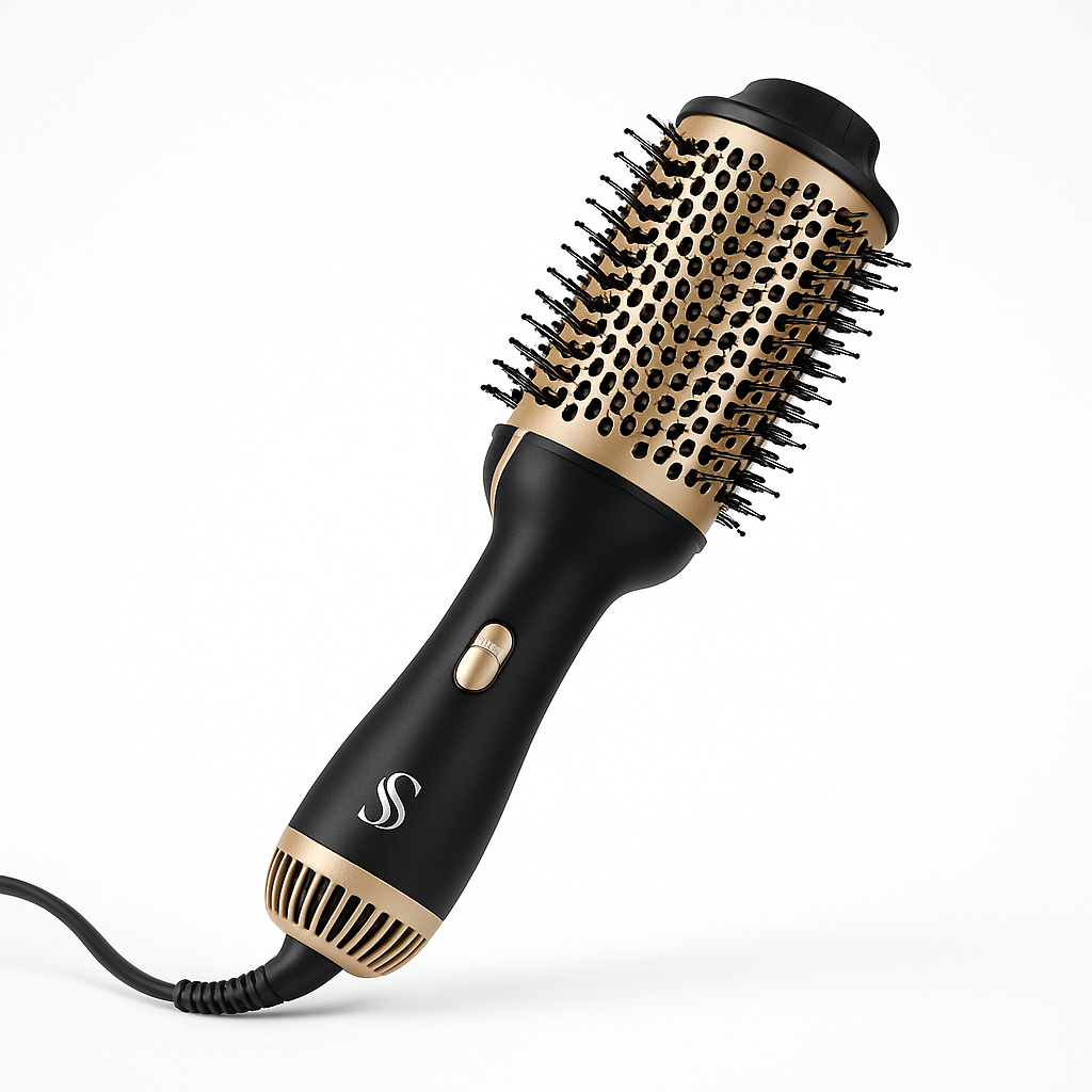 فرشاة تجفيف وتصفيف الشعر 5 في 1 بالأيونات من سيلكي سكين – لون أسود مع ذهبي على خلفية بيضاء