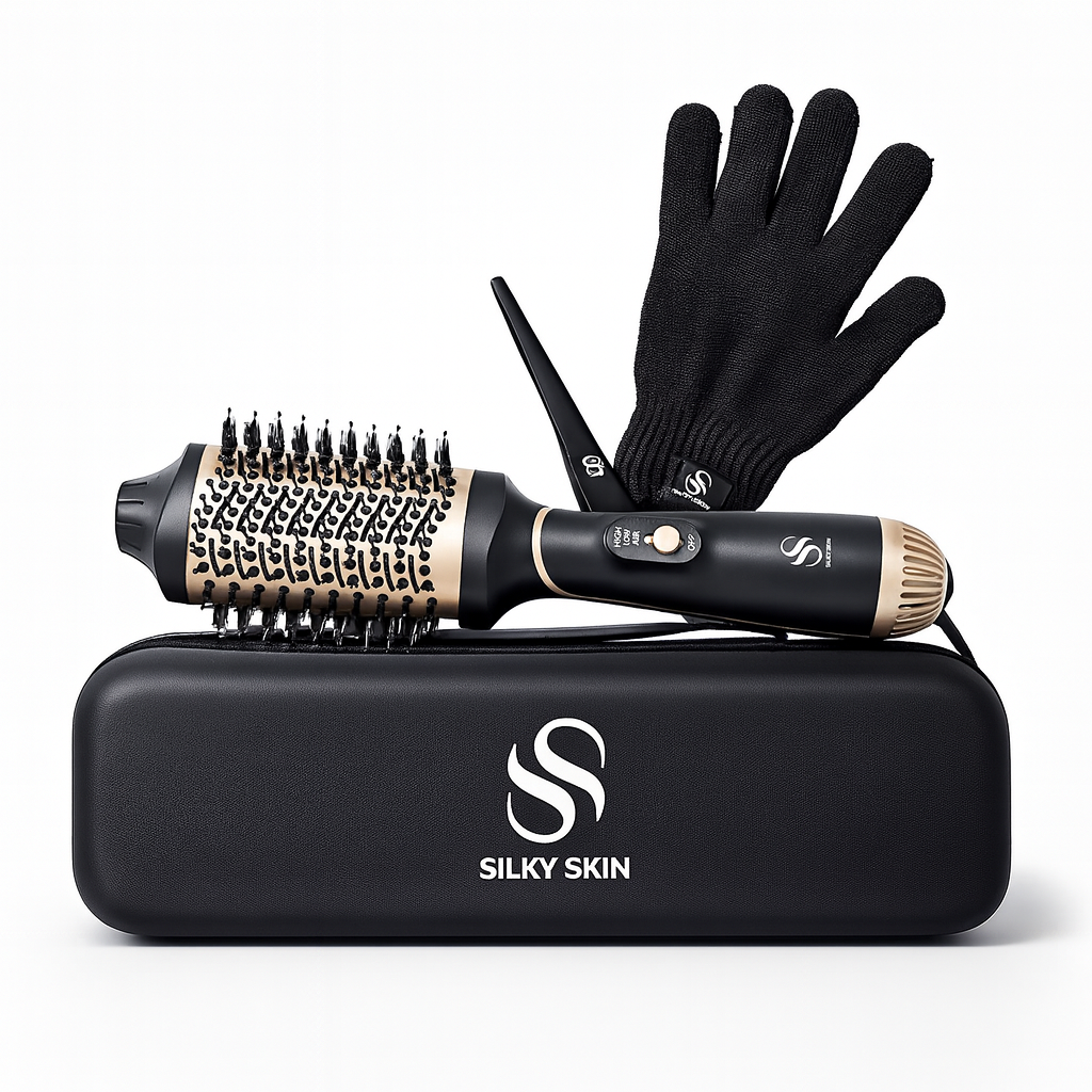 فرشاة تجفيف وتصفيف الشعر 5 في 1 بالأيونات من سيلكي سكين – لون أسود مع ذهبي على خلفية بيضاء