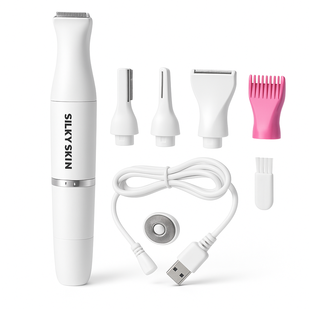 ماكينة حلاقة كهربائية 4 في 1 للنساء من سيلكي سكين على خلفية بيضاء مع رؤوس متعددة لإزالة شعر الجسم والوجه والحواجب