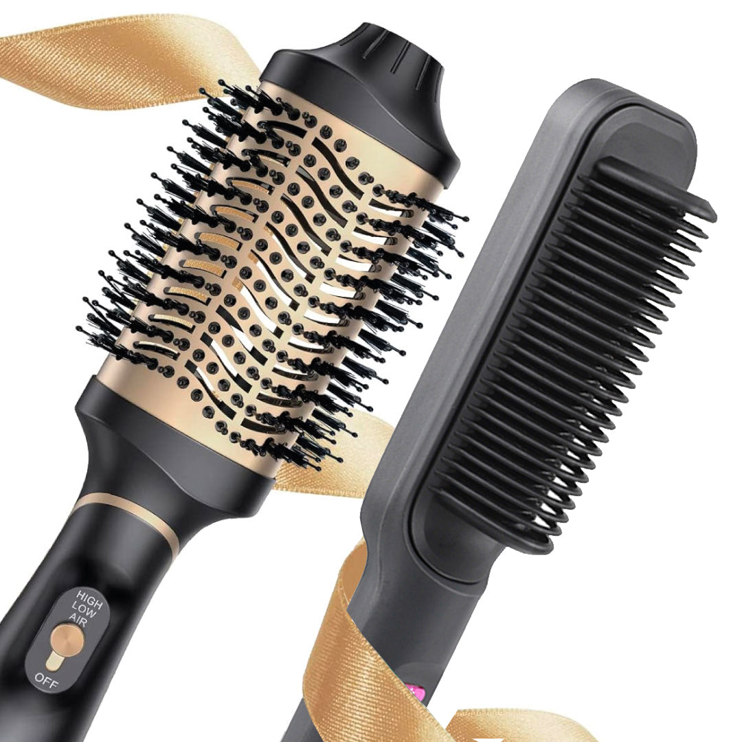 Hair care package, hair dryer brush and hair straightening comb